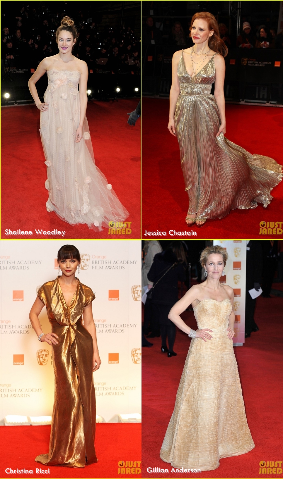Looks do BAFTA 2012 - Shailene Woodley, Jessica Chastain, Christina Ricci, Gillian Anderson